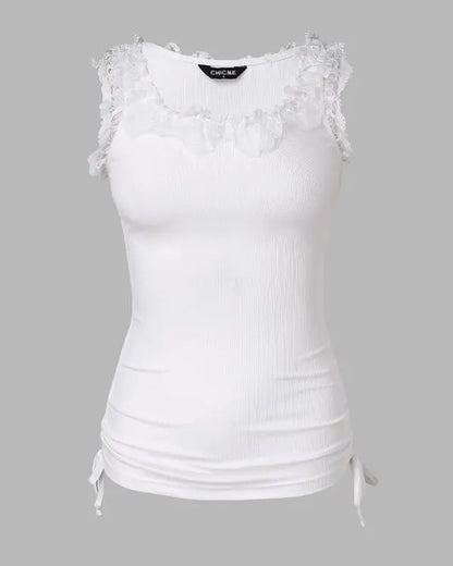 Lace Trim Side Drawstring Ribbed Tank Top Casual Slim Fit Sleeveless Top