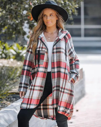 Plaid Pattern Shacket Zipper Design Oversized Longline Casual Hooded Coats with Pockets