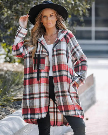 Plaid Pattern Shacket Zipper Design Oversized Longline Casual Hooded Coats with Pockets