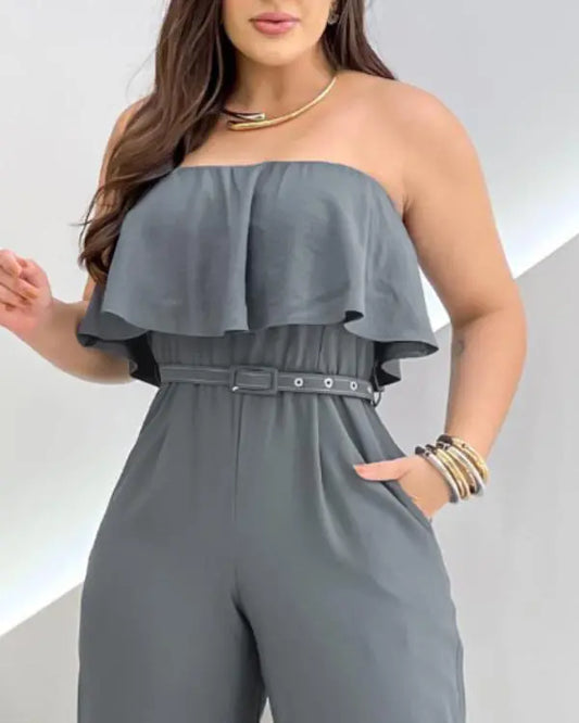 Bandeau Sleeveless Ruffles Jumpsuit with Belt Casual Waist Pocket Design Loose Fit Romper