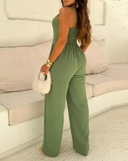 V-Neck Spaghetti Strap Shirred Cinch Waist Wide Leg Jumpsuit Elegant Overalls