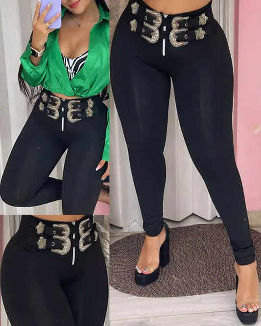 Belted High Waist Skinny Pants Slim Fit Pull On Trousers