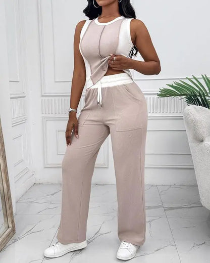 2 Piece Loungewear Set Colorblock Tank Top and Straight Leg Pocket Design Pants Tracksuit Casual Outfits