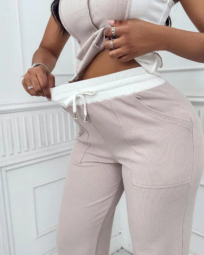 2 Piece Loungewear Set Colorblock Tank Top and Straight Leg Pocket Design Pants Tracksuit Casual Outfits