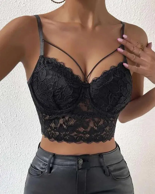 V-Neck Lace Crop Cami Top Spaghetti Strap Two Layer Bralette Bustier Tops
