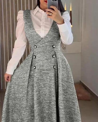 V-Neck A Line Front Botton Thick Strap Mid-Calf Dress Causal Dress