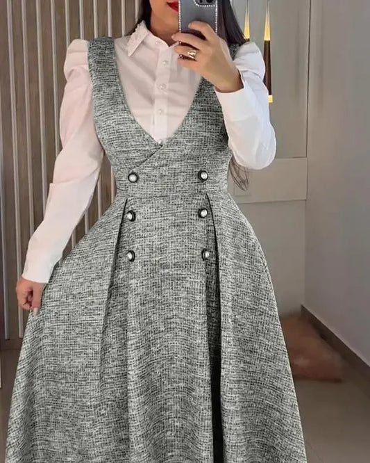 V-Neck A Line Front Botton Thick Strap Mid-Calf Dress Causal Dress