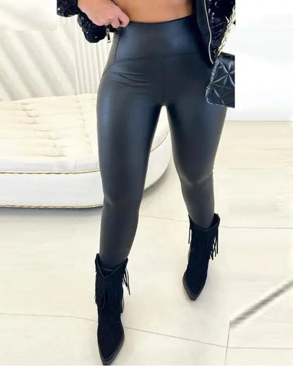 CurveEase PU Leather Leggings High Waist Curved Fleece Lined Tights Casual Pants