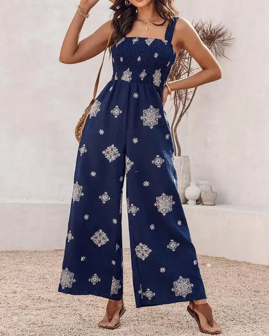 Graphic Print Thick Strap Square Neck Shirred Jumpsuit Wide Leg Vacation Overalls with Pockets