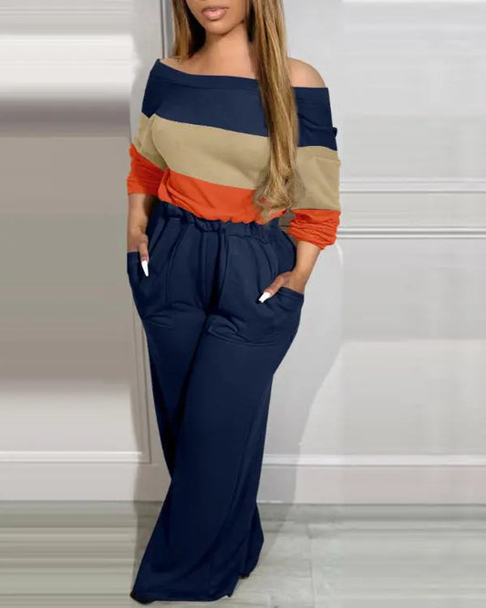 Colorblock Off Shoulder Long Sleeve Jumpsuit V-Back Stretchy Waist Pocket Design Romper