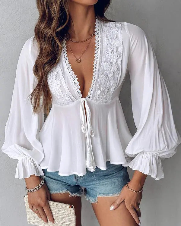 Plunge Lantern Sleeve Lace Patch Tied Detail Top