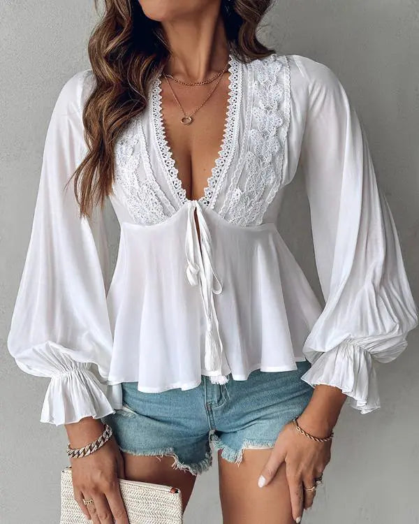 Plunge Lantern Sleeve Lace Patch Tied Detail Top