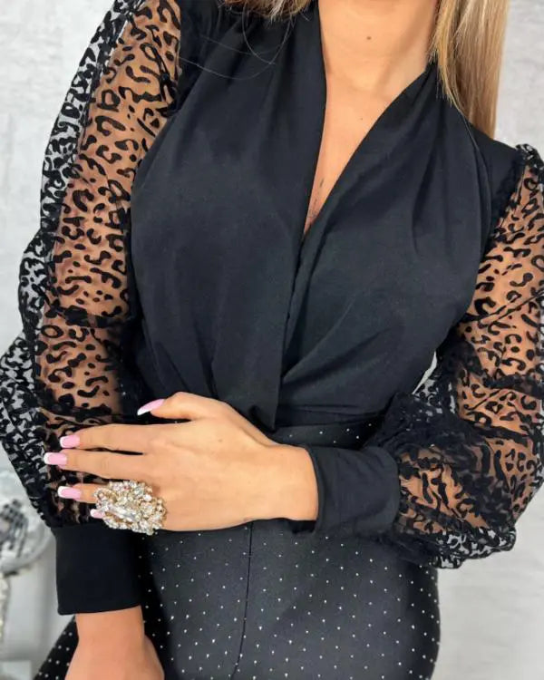 V Neck Leopard Sheer Mesh Patch Long Sleeve Bodysuit Casul Sim Fit Top Shirt