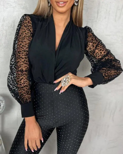 V Neck Leopard Sheer Mesh Patch Long Sleeve Bodysuit Casul Sim Fit Top Shirt