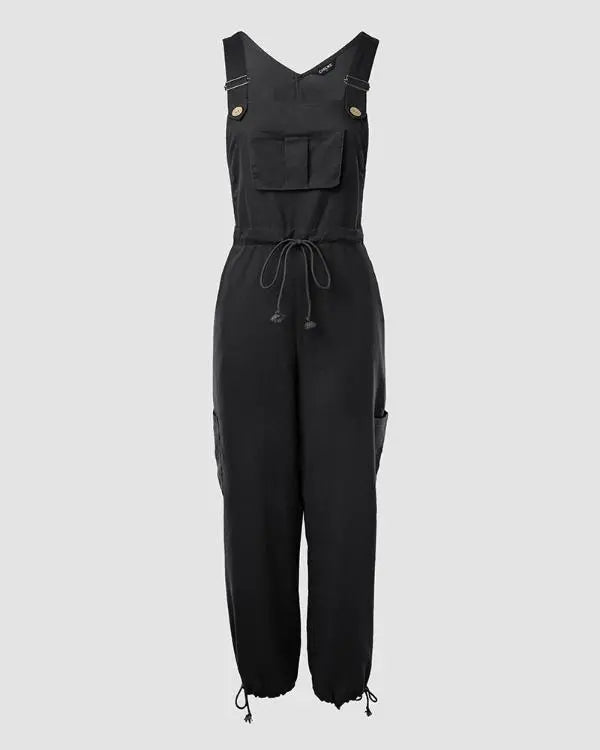 Pocket Design Drawstring Suspender Jumpsuit