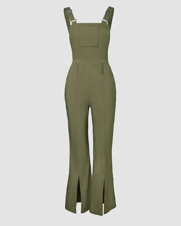 Pocket Design Back Shirred Slit Hem Suspender Jumpsuit