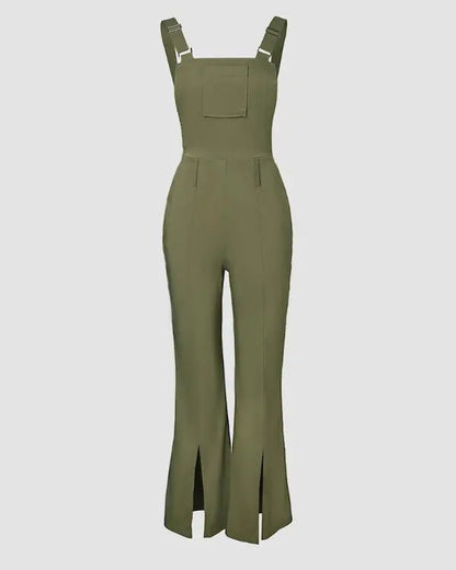 Pocket Design Back Shirred Slit Hem Suspender Jumpsuit