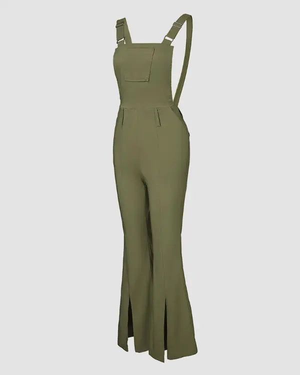 Pocket Design Back Shirred Slit Hem Suspender Jumpsuit