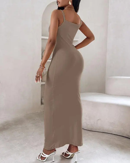 Spaghetti Strap U-Neck Casual Maxi Dresses Slim Fit Cami Dress Party Club Bodycon Dress