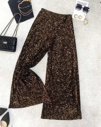 Drawstring Design Allover Shiny Sequins Cuffed Pants Partywear