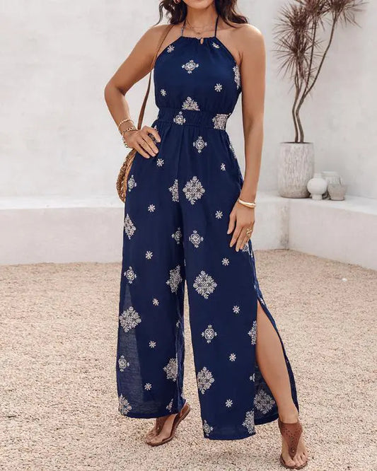 Graphic Print Halter Backless Side Slit Shirred Wide Leg Jumpsuit Vacation Overalls