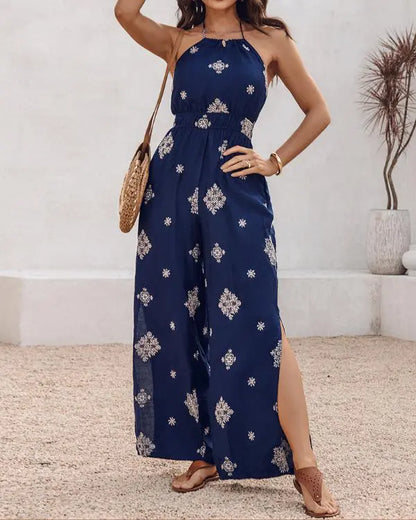 Graphic Print Halter Backless Side Slit Shirred Wide Leg Jumpsuit Vacation Overalls