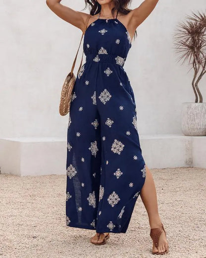 Graphic Print Halter Backless Side Slit Shirred Wide Leg Jumpsuit Vacation Overalls