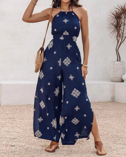 Graphic Print Halter Backless Side Slit Shirred Wide Leg Jumpsuit Vacation Overalls