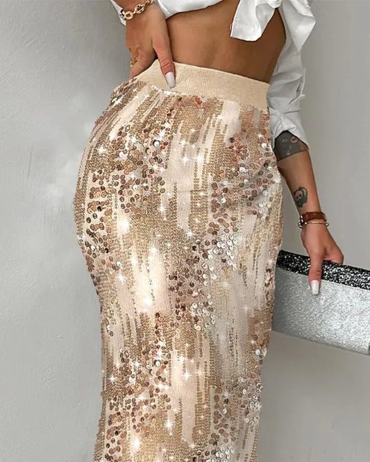 Allover Sequin Stretchy Waist Side Slit Party Club Skirt