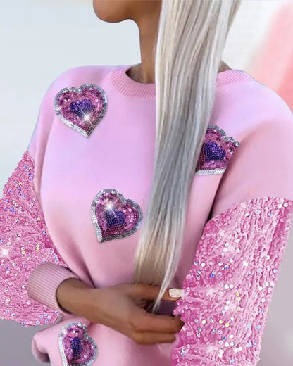 Heart Pattern Contrast Sequin O-Neck Long Sleeve Sweet Pullover Top
