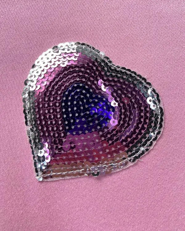 Heart Pattern Contrast Sequin O-Neck Long Sleeve Sweet Pullover Top