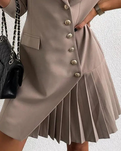 Asymmetrical Button Pocket Design Pleated Blazer Dress