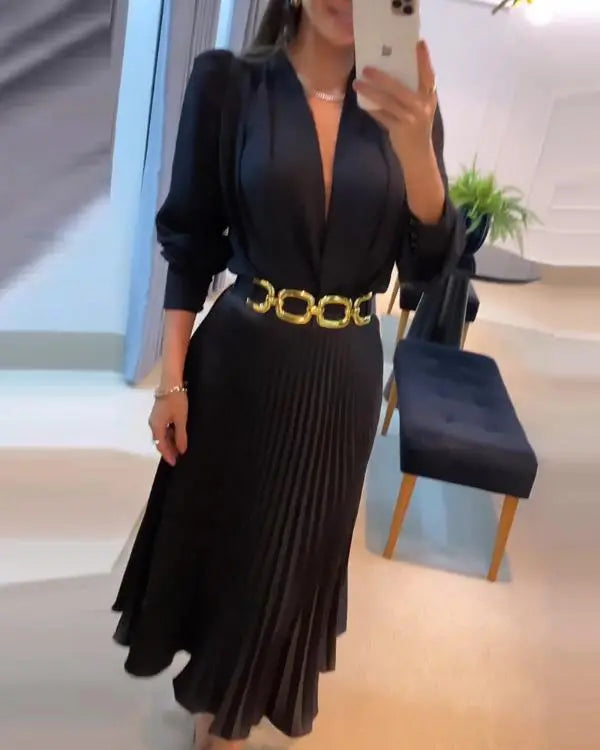 Satin Puff Sleeve Pleated Midi Dress