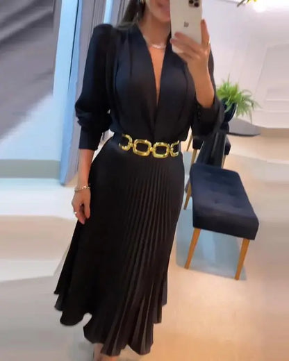 Satin Puff Sleeve Pleated Midi Dress