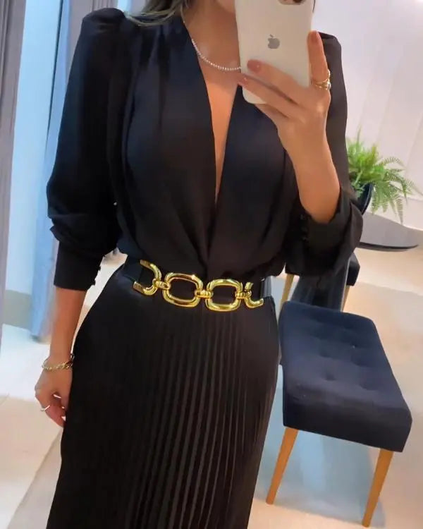 Satin Puff Sleeve Pleated Midi Dress