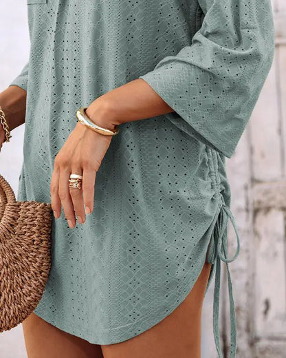 V-Neck Roll Up Sleeve Hollow-out Drawstring Mini Dress Vacation Dress