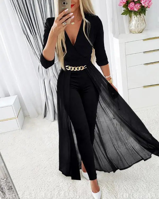 Chain Decor Sheer Mesh Overlap Long Sleeve Jumpsuit