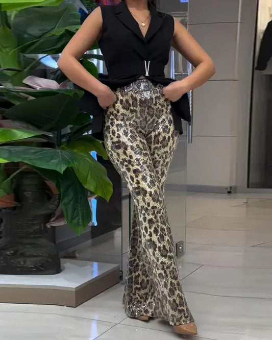 Leopard Pattern Allover Sequin Slim Fit Wide Leg High Waist Casual Pants