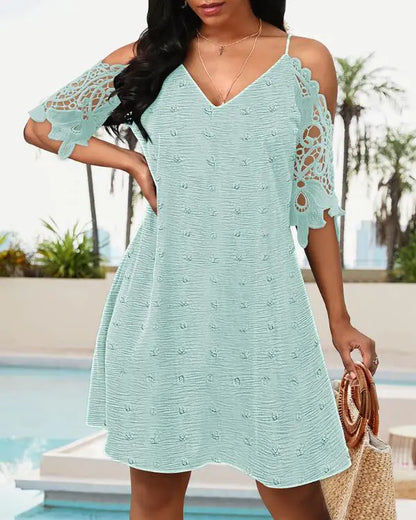 V-Neck Cold Shoulder Sleeveless Lace Hem Straight Dress Vacation Dress