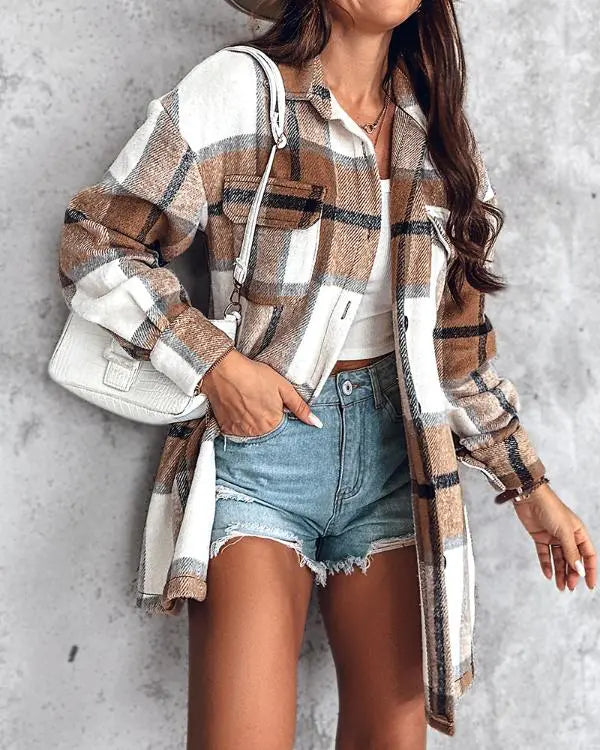 Plaid Pattern Casual Shacket Jacket Button Down Long Sleeve Shirt Fall Clothes Outfits