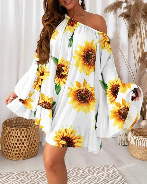 Sunflower Print Bell Sleeve Ruffle Hem Swing Dress