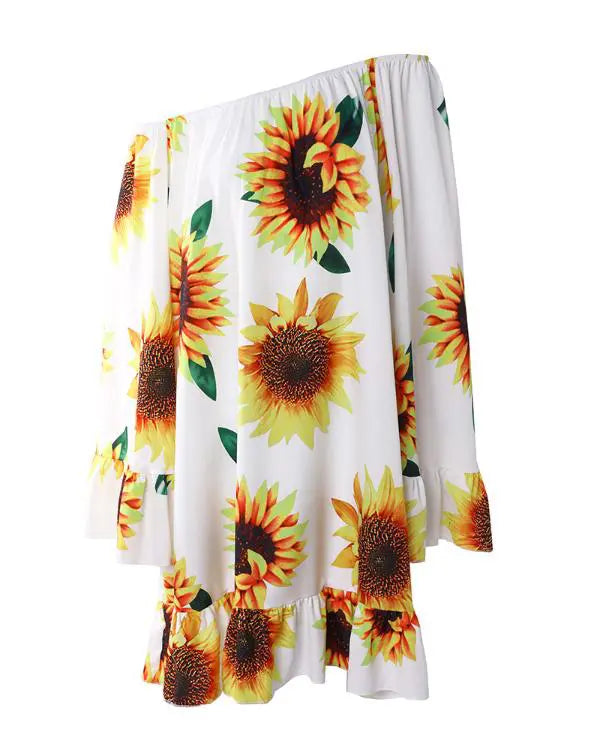 Sunflower Print Bell Sleeve Ruffle Hem Swing Dress