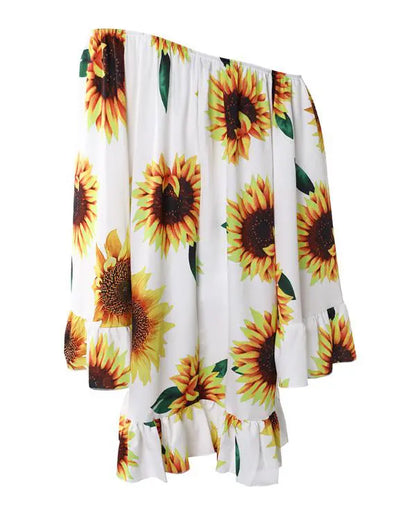 Sunflower Print Bell Sleeve Ruffle Hem Swing Dress
