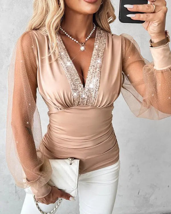 Butterfly Pattern V-Neck Contrast Sequin Ruched Sheer Mesh Slim Fit Top Casual Blouse