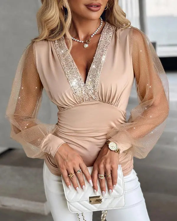 Butterfly Pattern V-Neck Contrast Sequin Ruched Sheer Mesh Slim Fit Top Casual Blouse