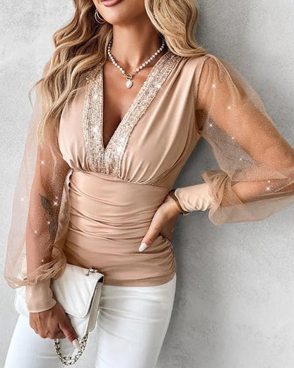 Butterfly Pattern V-Neck Contrast Sequin Ruched Sheer Mesh Slim Fit Top Casual Blouse
