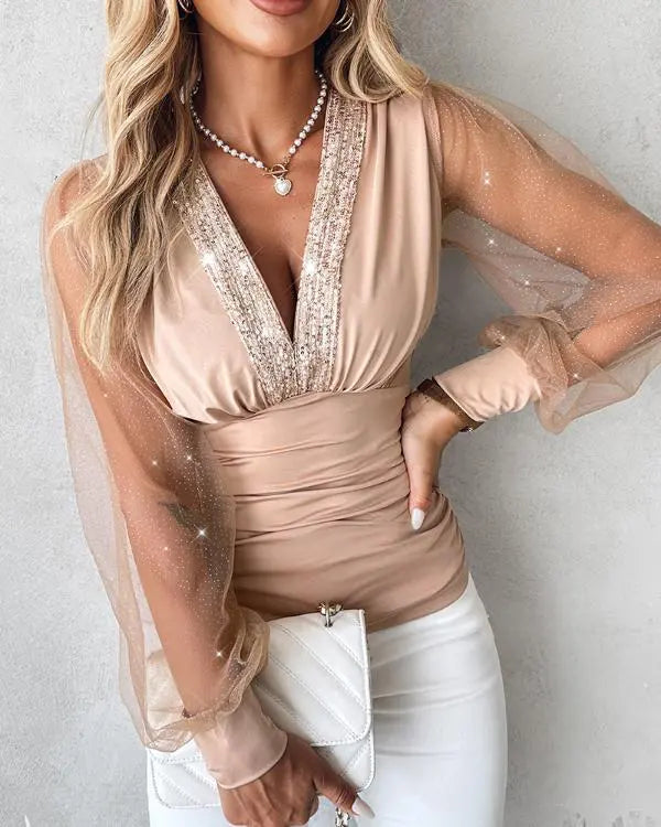 Butterfly Pattern V-Neck Contrast Sequin Ruched Sheer Mesh Slim Fit Top Casual Blouse