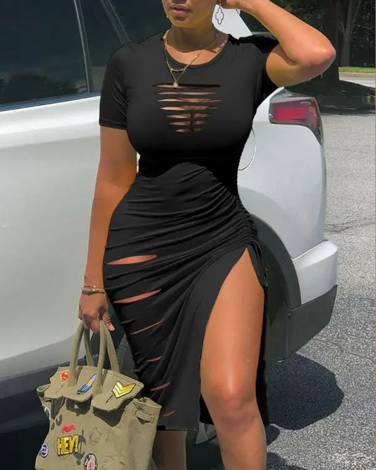 Ladder Cut Out Hollow Out Ruched Slit Bodycon Dress Side Slit Drawstring Club Party Short Sleeve Midi Dresses
