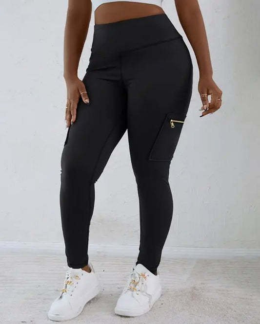 Zipper Pocket Slim Fit Yoga Pants Casual High Waist Workout Pants