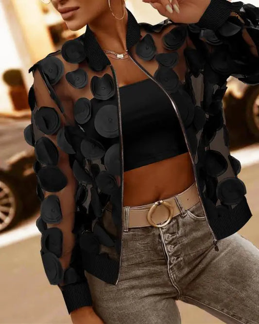 Floral Pattern Sheer Mesh Baseball Collar Coat Zip Up See Through Casual Jacket